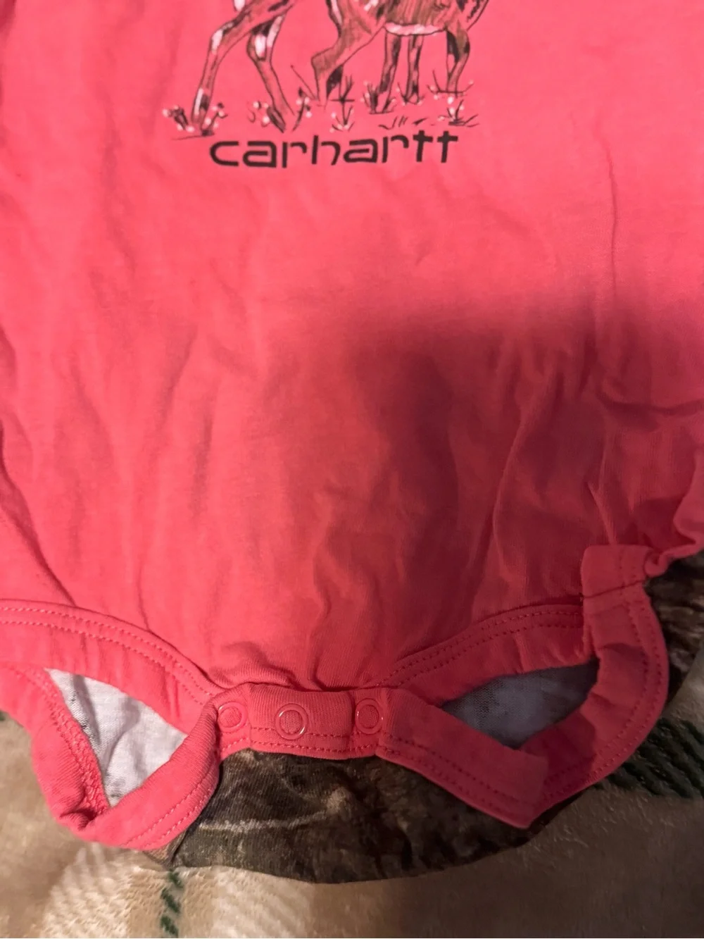 Carhartt Pink Onesie with Deer Graphic and Camo Trim